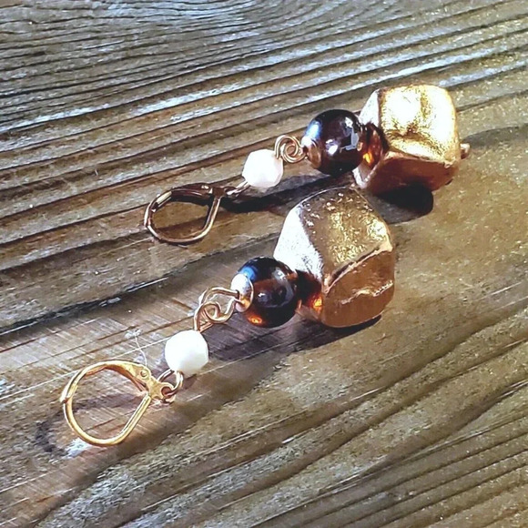 Handcrafted Nepal Copper Dipped Baroque Brass Beads Earrings - Picture 4 of 7